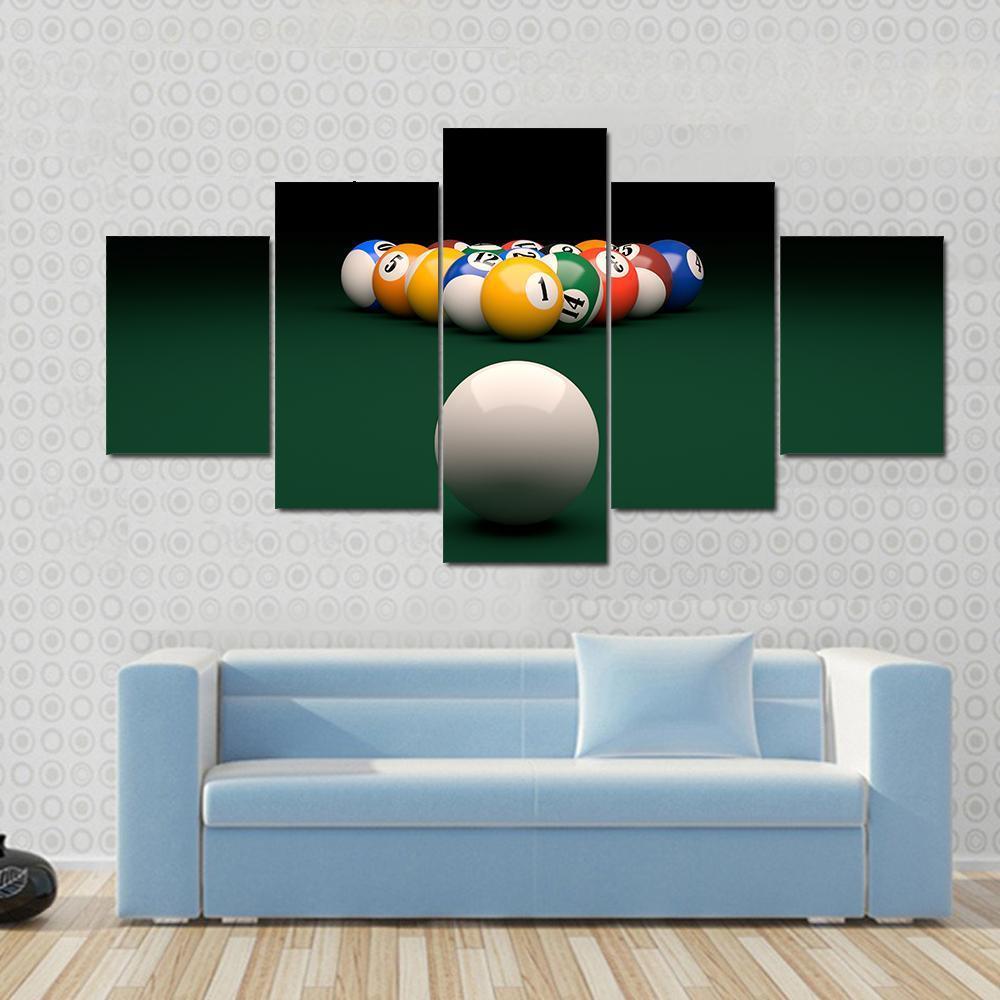 Balls On Billiards Green Table Canvas Wall Art-5 Star-Gallery Wrap-62" x 32"-Tiaracle