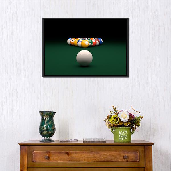 Balls On Billiards Green Table Canvas Wall Art-1 Piece-Floating Frame-24" x 16"-Tiaracle