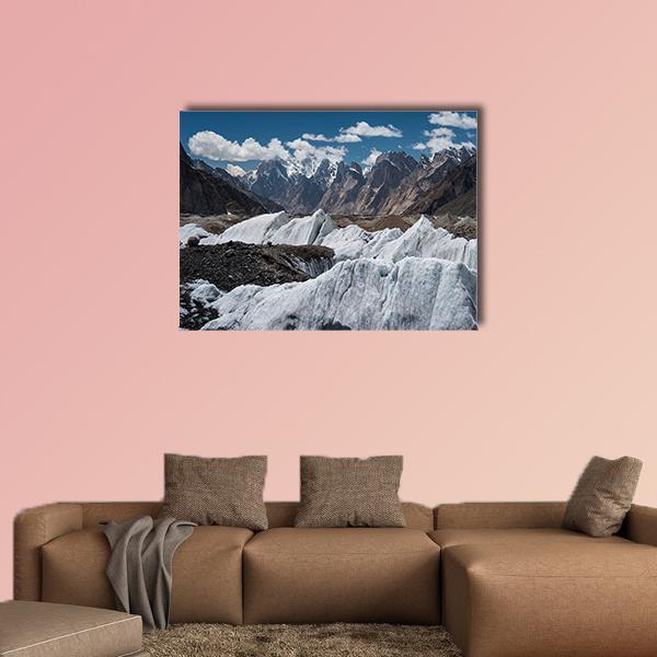 Baltoro Glacier Landscape Canvas Wall Art in white, brown and blue, single panel hung on a wall
