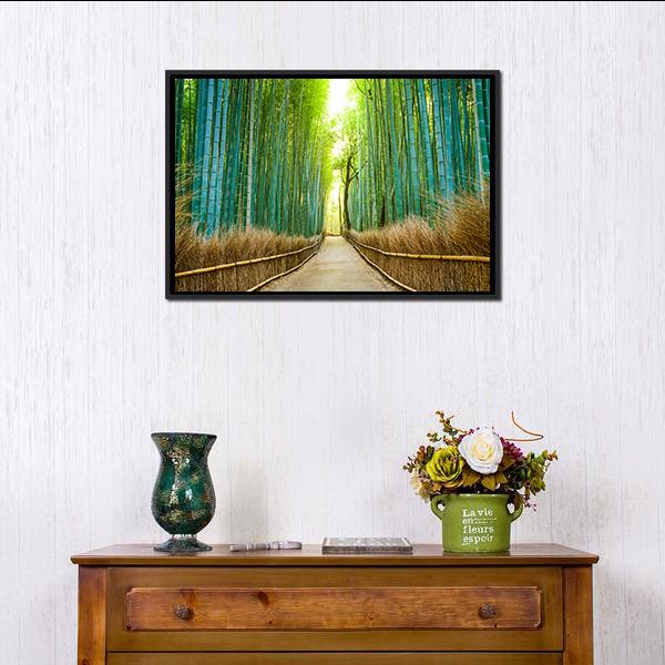 Tranquil Bamboo Forest Path Canvas Wall Art in brown, yellow and green, framed canvas, product view on a white background
