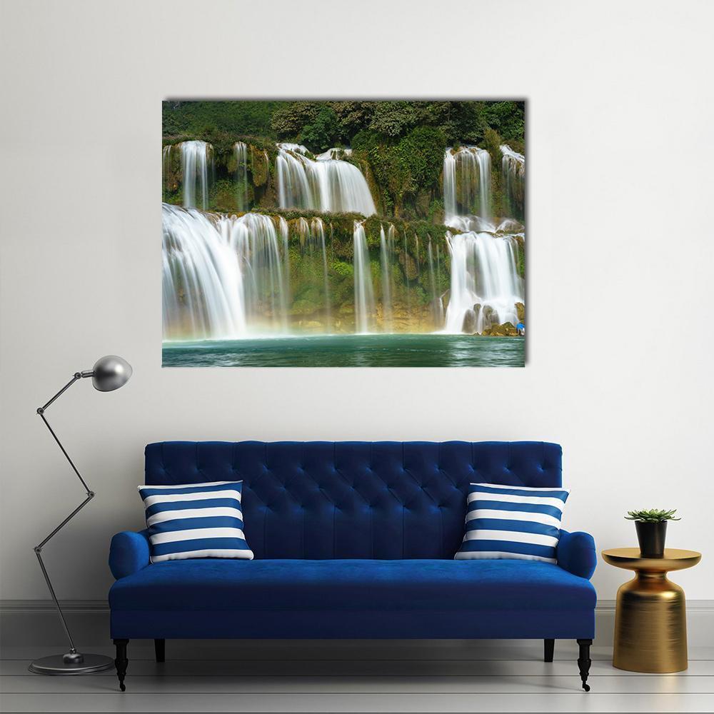 Ban Gioc Waterfall, Vietnam Canvas Wall Art in white, green and blue, single panel hung on a wall