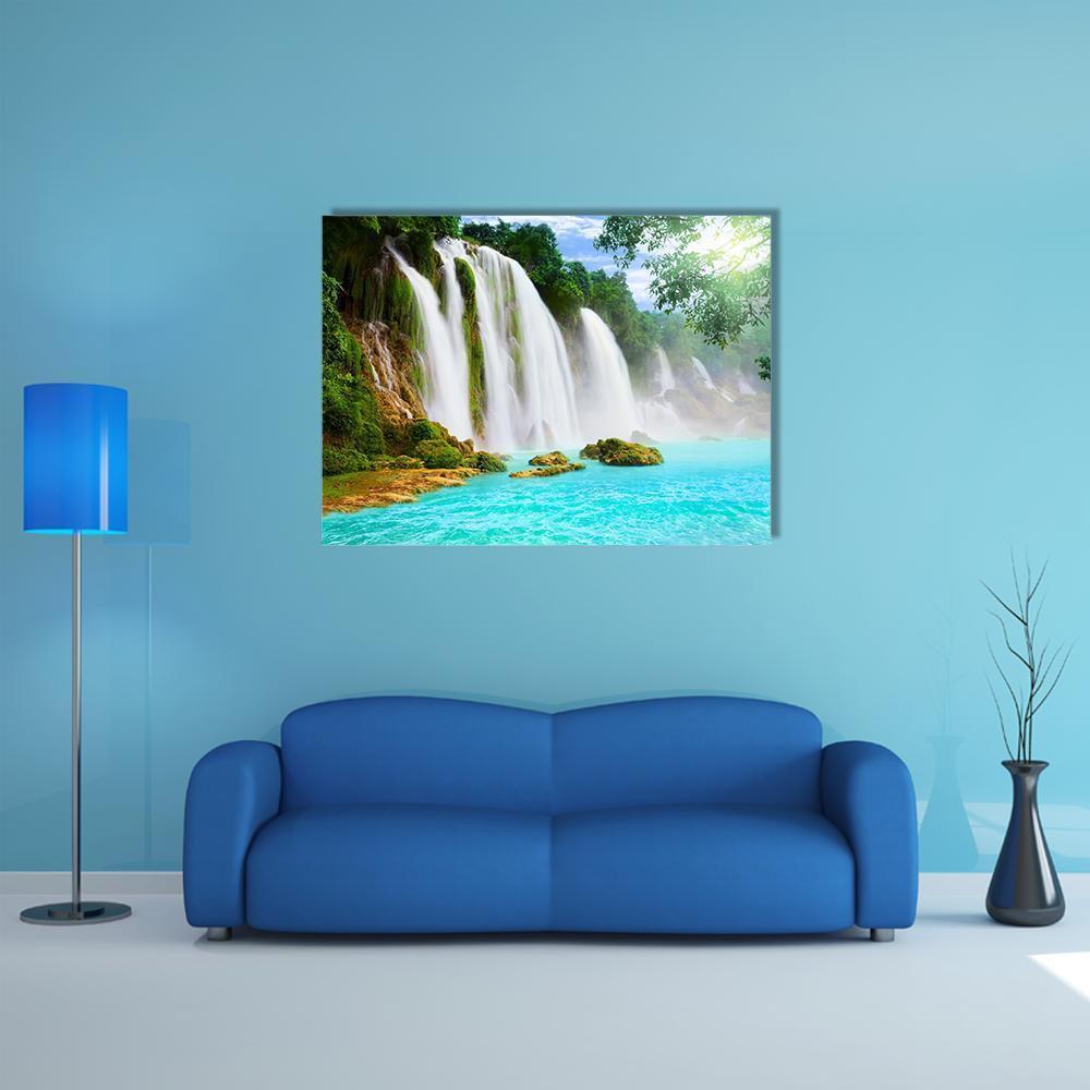 Ban Gioc Waterfall Vietnam Canvas Wall Art in white, green and blue, single panel hung on a wall