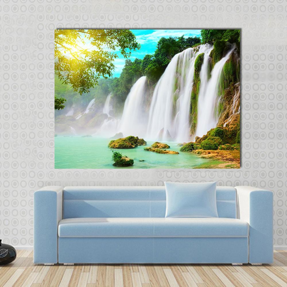 Ban Gioc Waterfall Canvas Wall Art in white, green and blue, single panel hung on a wall