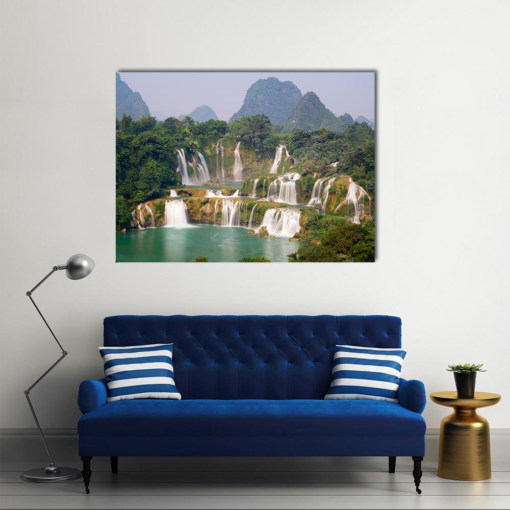 Ban Goic Waterfall and Turquoise River Canvas Wall Art in white, green and blue, single panel hung on a wall