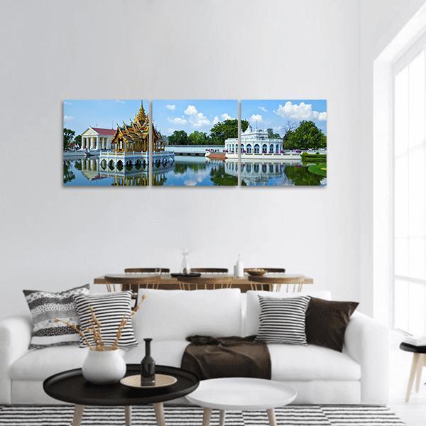Aisawan Pavilion at Bang Pa-in Palace Panoramic Canvas Wall Art in gold, green and blue, hung on a wall