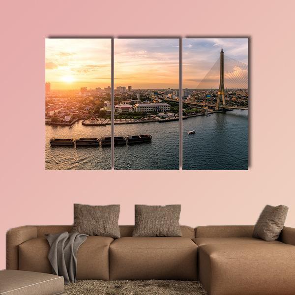 Sunset At Chao Phraya River Bangkok Canvas Wall Art-3 Horizontal-Gallery Wrap-25" x 16"-Tiaracle