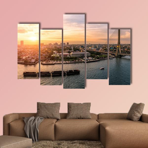 Sunset At Chao Phraya River Bangkok Canvas Wall Art-5 Pop-Gallery Wrap-47" x 32"-Tiaracle