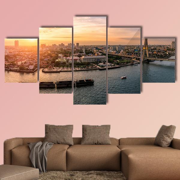 Sunset At Chao Phraya River Bangkok Canvas Wall Art-5 Star-Gallery Wrap-62" x 32"-Tiaracle