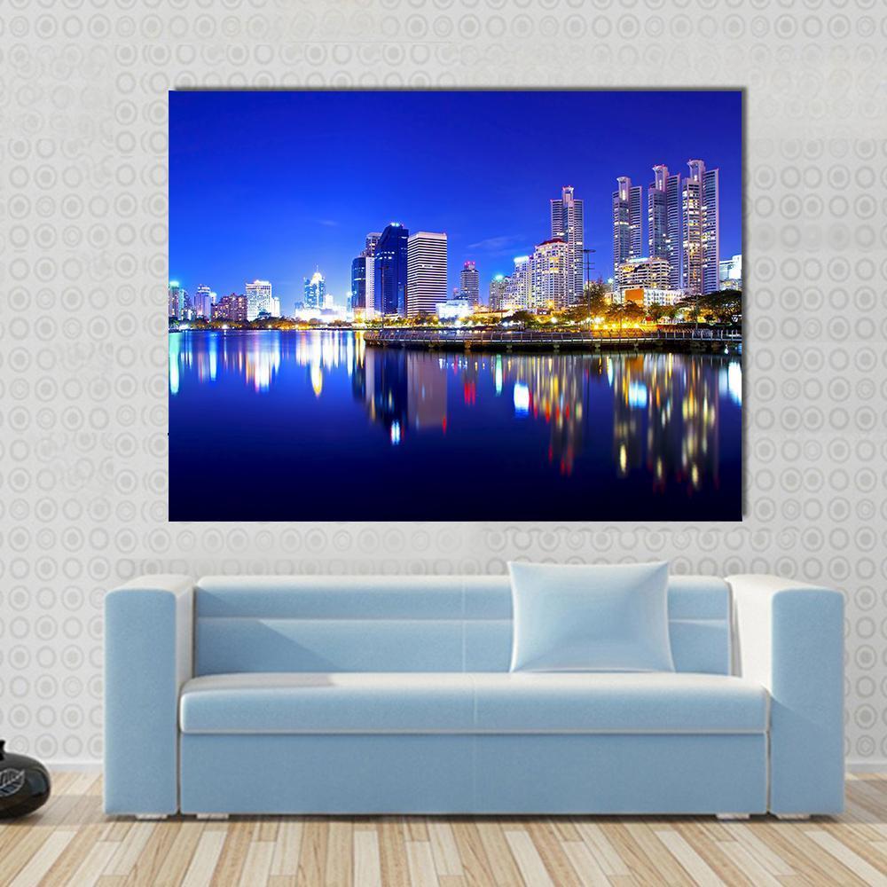 Bangkok City Downtown Canvas Wall Art in gold, blue and navy, single panel hung on a wall