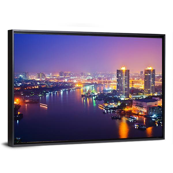 Bangkok Cityscape At Night Canvas Wall Art-3 Horizontal-Gallery Wrap-25" x 16"-Tiaracle