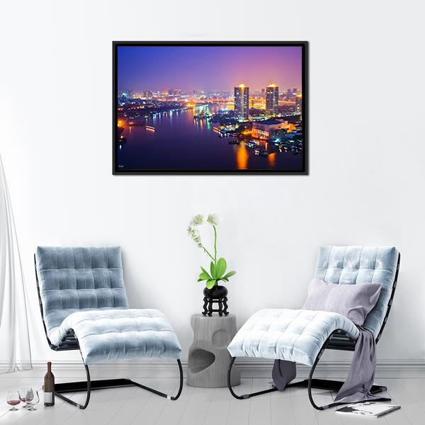 Bangkok Cityscape At Night Canvas Wall Art-1 Piece-Floating Frame-24" x 16"-Tiaracle