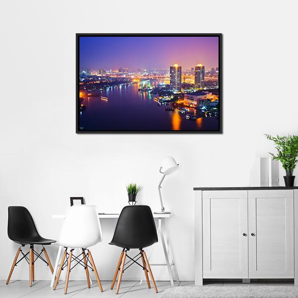 Bangkok Cityscape At Night Canvas Wall Art-3 Horizontal-Gallery Wrap-25" x 16"-Tiaracle