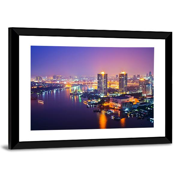 Bangkok Cityscape At Night Canvas Wall Art-3 Horizontal-Gallery Wrap-25" x 16"-Tiaracle