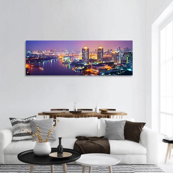 Bangkok Cityscape At Night Panoramic Canvas Wall Art-3 Piece-25" x 08"-Tiaracle