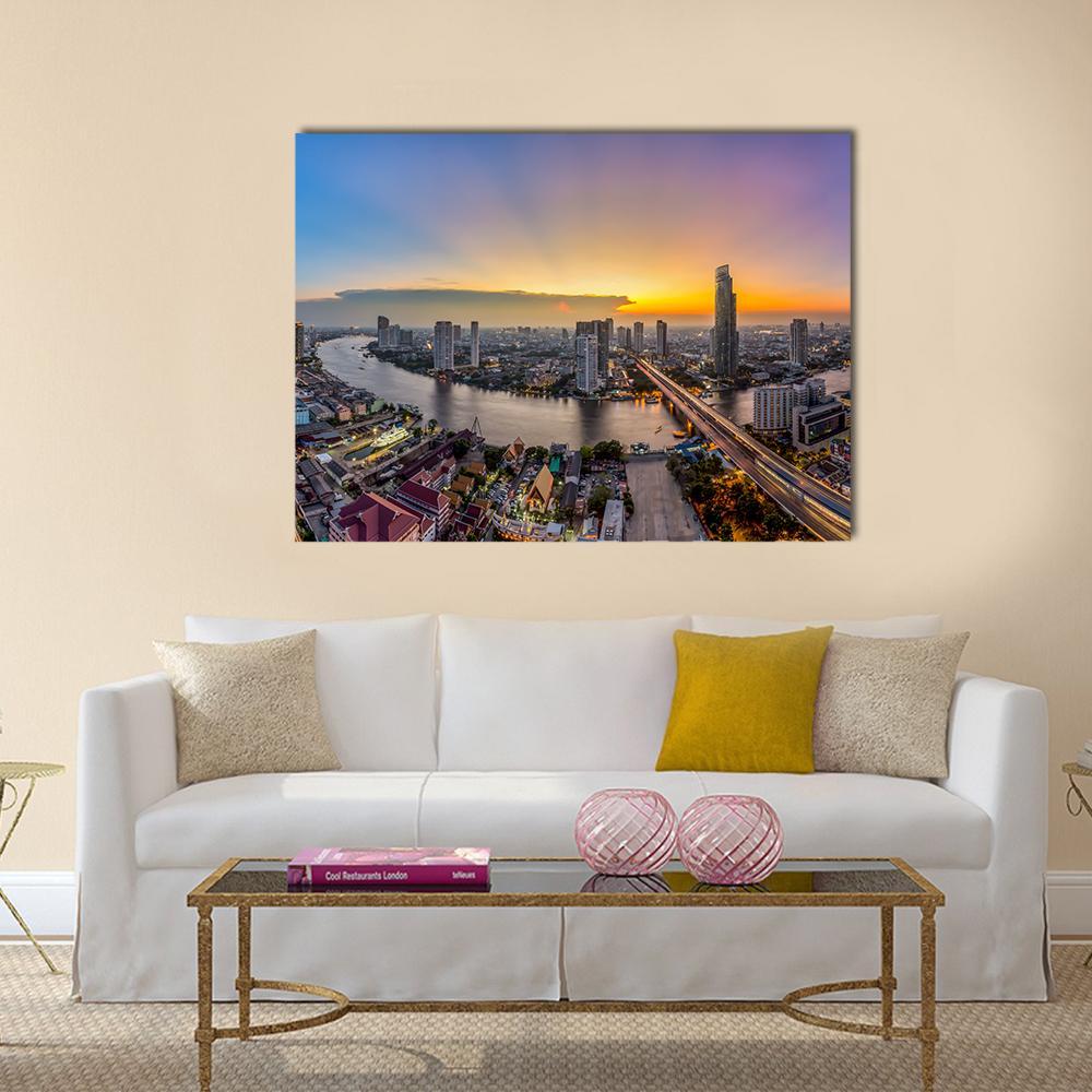 Bangkok Business District at Dusk Canvas Wall Art in orange, yellow and blue, single panel hung on a wall
