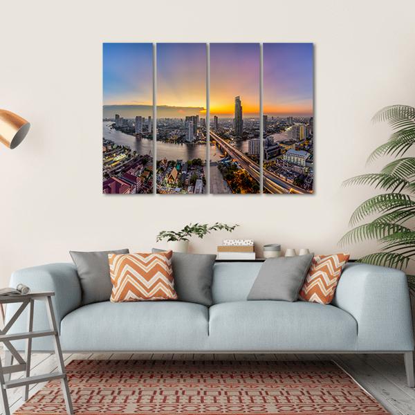 Bangkok Modern Business District At Dusk Canvas Wall Art-4 Horizontal-Gallery Wrap-34" x 24"-Tiaracle
