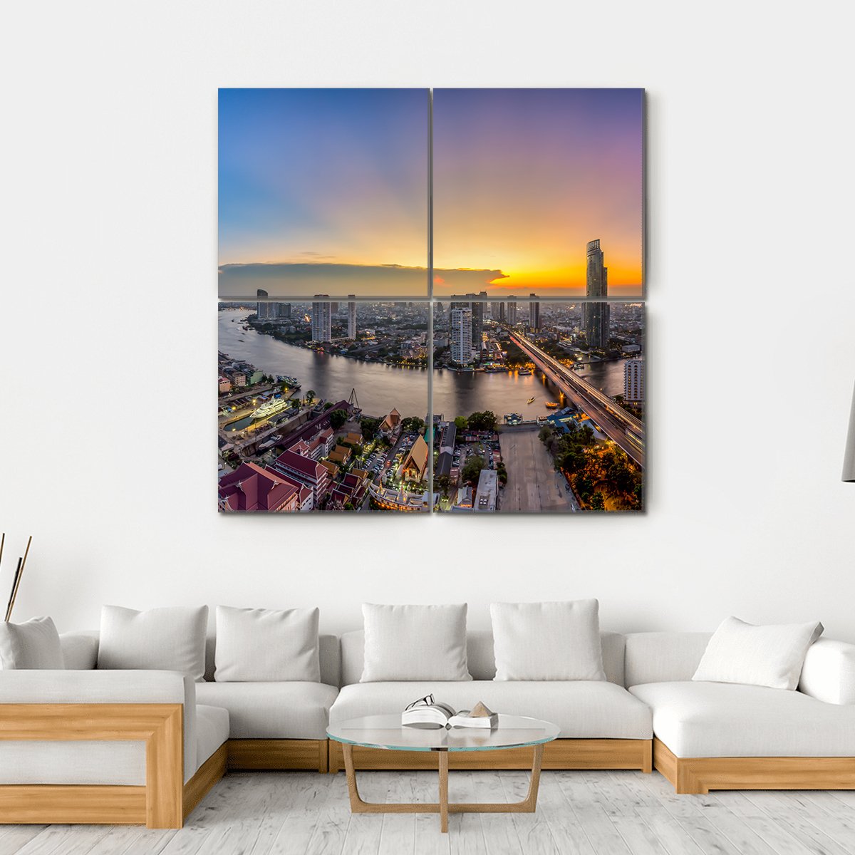 Bangkok Modern Business District At Dusk Canvas Wall Art-4 Square-Gallery Wrap-17" x 17"-Tiaracle