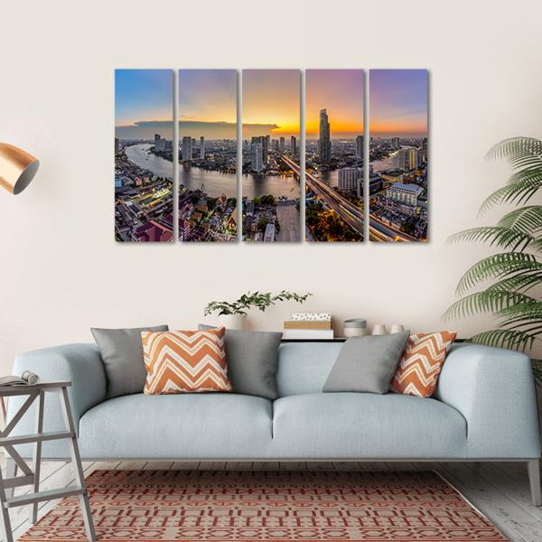 Bangkok Modern Business District At Dusk Canvas Wall Art-5 Horizontal-Gallery Wrap-22" x 12"-Tiaracle