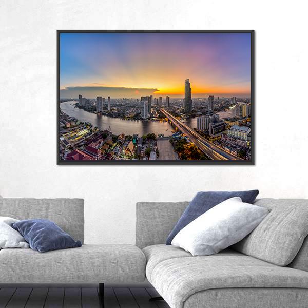 Bangkok Modern Business District At Dusk Canvas Wall Art-5 Horizontal-Gallery Wrap-22" x 12"-Tiaracle