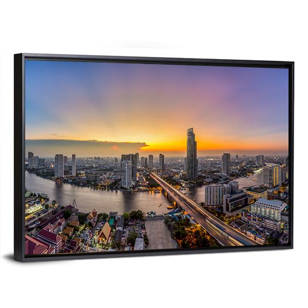 Bangkok Modern Business District At Dusk Canvas Wall Art-5 Horizontal-Gallery Wrap-22" x 12"-Tiaracle