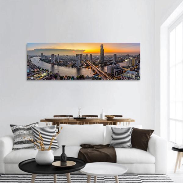 Bangkok Modern Business District At Dusk Panoramic Canvas Wall Art-1 Piece-36" x 12"-Tiaracle