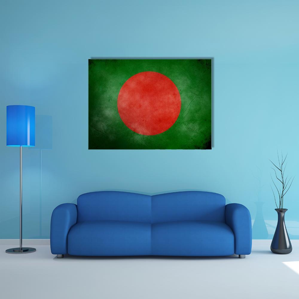 Vintage Distressed Bangladesh Flag Canvas Wall Art in red and green, single panel hung on a wall