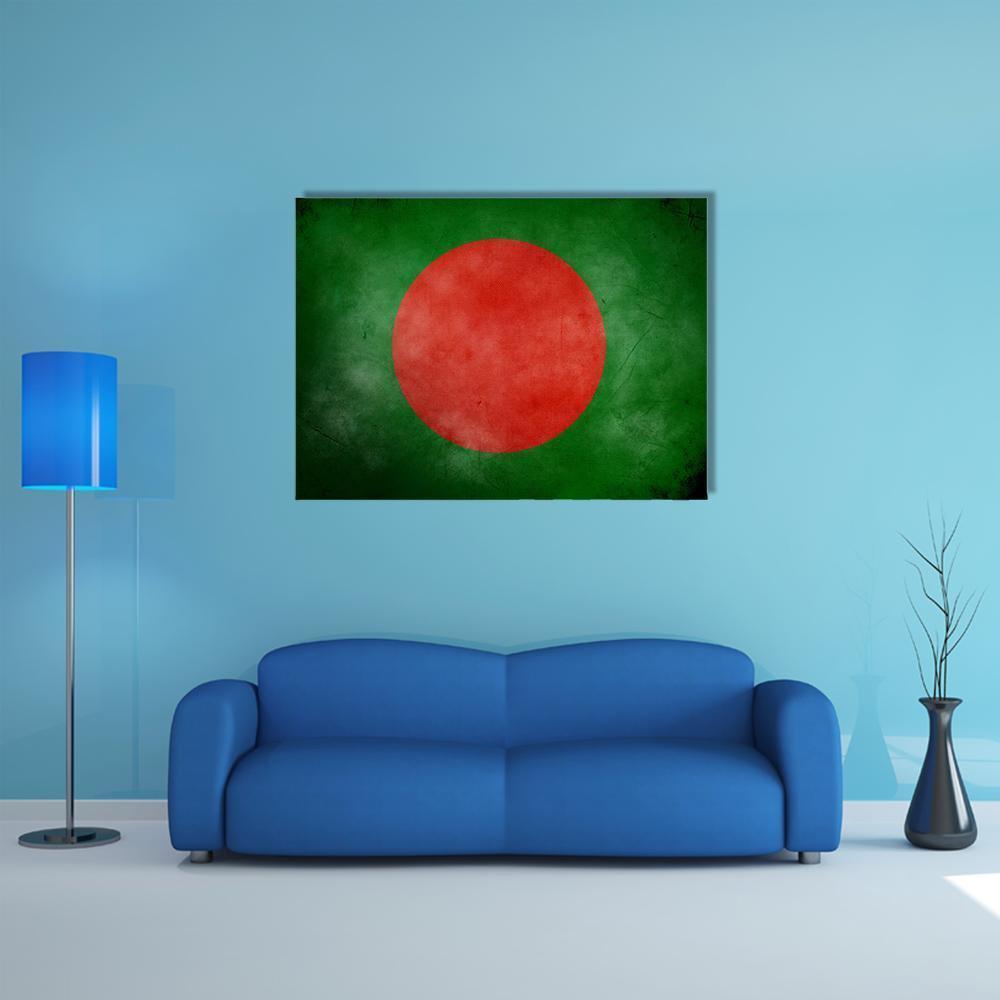 Weathered Bangladesh Flag Canvas Wall Art in red and green, single panel hung on a wall