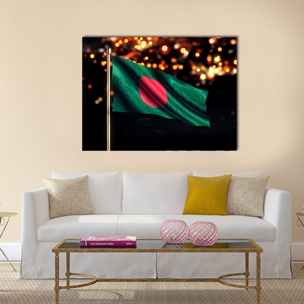 Bangladesh Flag with Shimmering Bokeh Canvas Wall Art in black, red and green, single panel hung on a wall