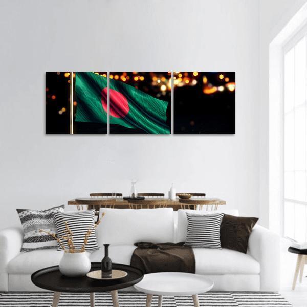Bangladesh Flag with Golden Bokeh Panoramic Canvas Wall Art in gold, red and green, hung on a wall