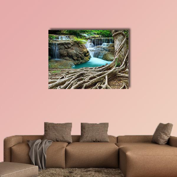Limestone Waterfalls Canvas Wall Art in brown, green and blue, single panel hung on a wall