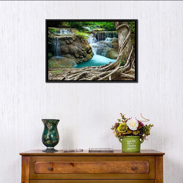 Limestone Waterfalls Canvas Wall Art in brown, green and blue, framed canvas, product view on a white background