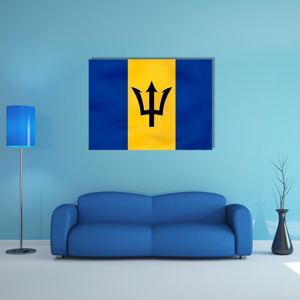 Barbados Flag Canvas Wall Art in black, yellow and blue, single panel hung on a wall