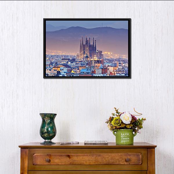 Barcelona at Night Canvas Wall Art in yellow, blue and purple, framed canvas, product view on a white background
