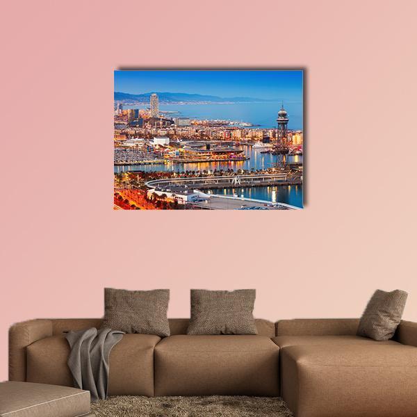 Barcelona Night Harbor Skyline Canvas Wall Art in orange, yellow and blue, single panel hung on a wall