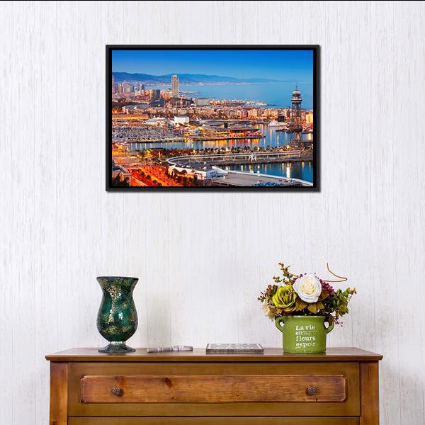 Barcelona City &amp; Port Canvas Wall Art-1 Piece-Floating Frame-24" x 16"-Tiaracle