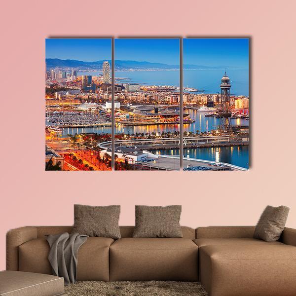 Barcelona City &amp; Port Canvas Wall Art-3 Horizontal-Gallery Wrap-37" x 24"-Tiaracle