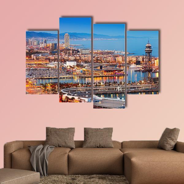 Barcelona City &amp; Port Canvas Wall Art-4 Pop-Gallery Wrap-50" x 32"-Tiaracle