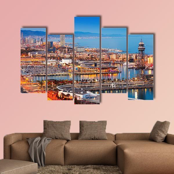 Barcelona City &amp; Port Canvas Wall Art-5 Pop-Gallery Wrap-47" x 32"-Tiaracle
