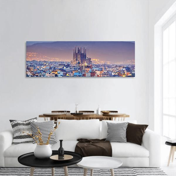 Barcelona At Night Panoramic Canvas Wall Art-1 Piece-36" x 12"-Tiaracle