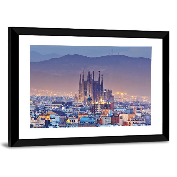 Barcelona At Night Panoramic Canvas Wall Art-1 Piece-36" x 12"-Tiaracle
