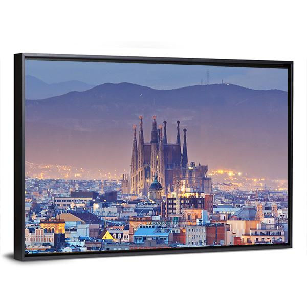 Barcelona At Night Panoramic Canvas Wall Art-1 Piece-36" x 12"-Tiaracle