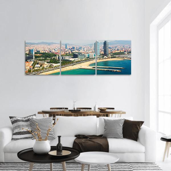 Aerial View of Barcelona Panoramic Canvas Wall Art in gray, beige and blue, hung on a wall