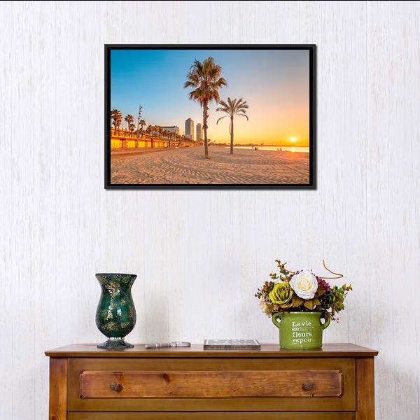 Barceloneta Beach At Sunrise Canvas Wall Art-3 Horizontal-Gallery Wrap-25" x 16"-Tiaracle