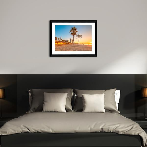 Barceloneta Beach At Sunrise Canvas Wall Art-3 Horizontal-Gallery Wrap-25" x 16"-Tiaracle