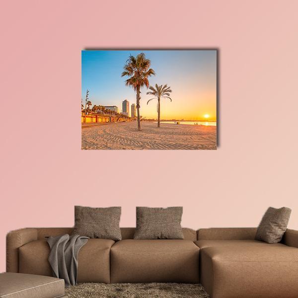Barceloneta Beach At Sunrise Canvas Wall Art-1 Piece-Gallery Wrap-48" x 32"-Tiaracle