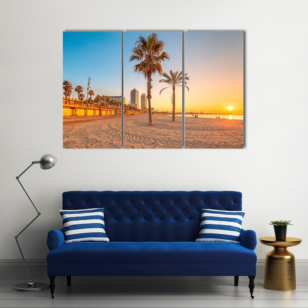 Barceloneta Beach At Sunrise Canvas Wall Art-3 Horizontal-Gallery Wrap-37" x 24"-Tiaracle