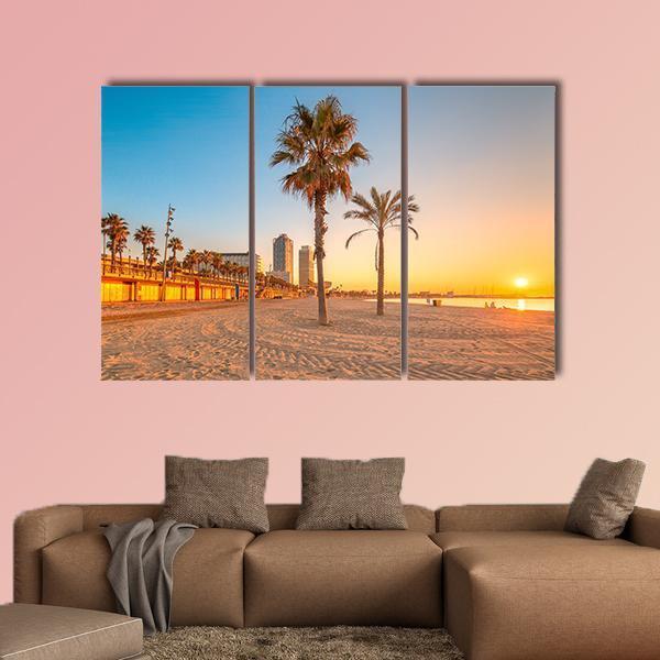 Barceloneta Beach At Sunrise Canvas Wall Art-3 Horizontal-Gallery Wrap-37" x 24"-Tiaracle