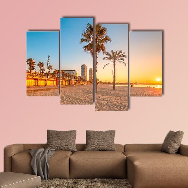 Barceloneta Beach At Sunrise Canvas Wall Art-4 Pop-Gallery Wrap-50" x 32"-Tiaracle