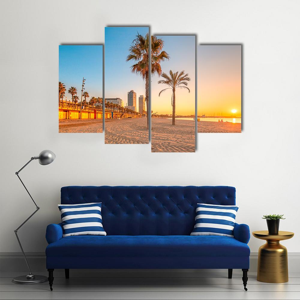 Barceloneta Beach At Sunrise Canvas Wall Art-4 Pop-Gallery Wrap-50" x 32"-Tiaracle