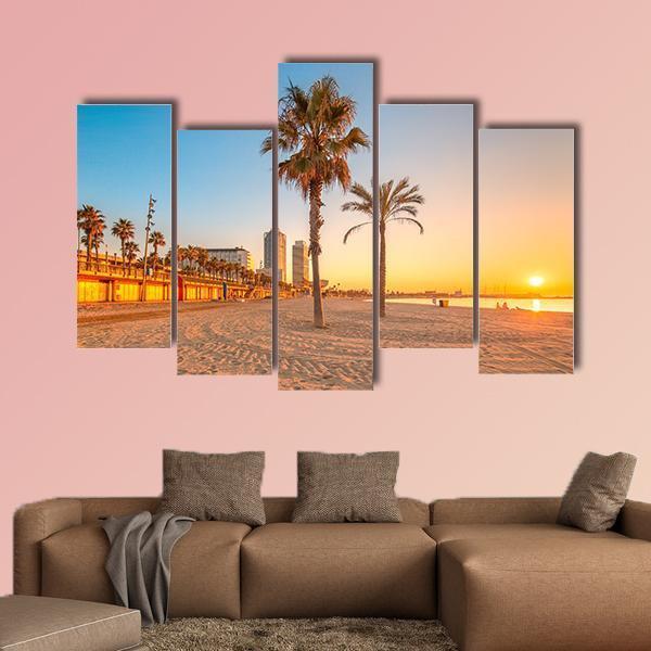 Barceloneta Beach At Sunrise Canvas Wall Art-5 Pop-Gallery Wrap-47" x 32"-Tiaracle